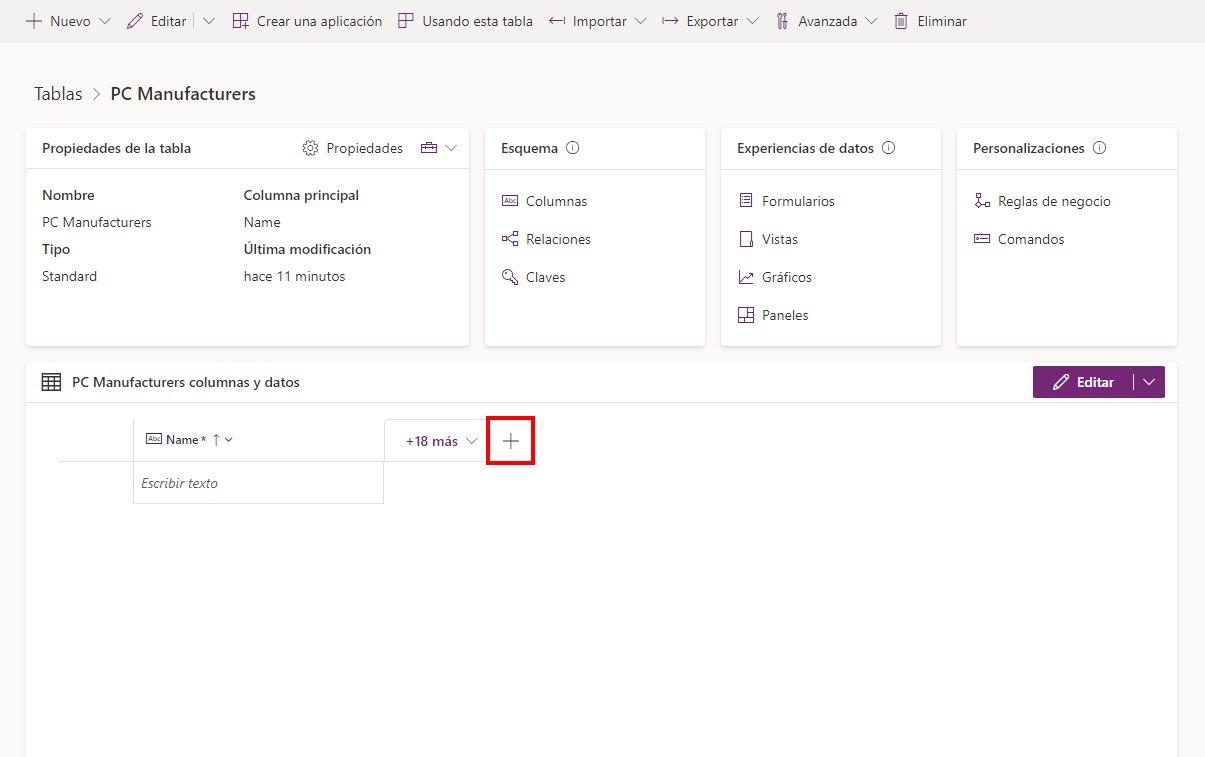Captura de la pantalla Tablas con el botón 