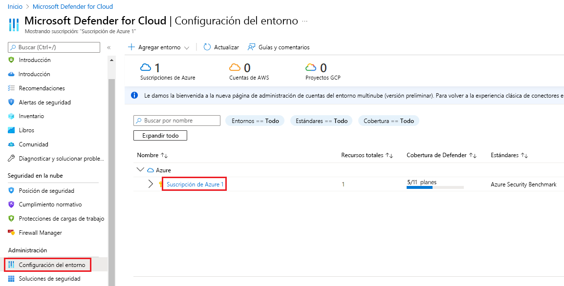 Captura de pantalla que muestra la configuración del entorno para Defender for Cloud.