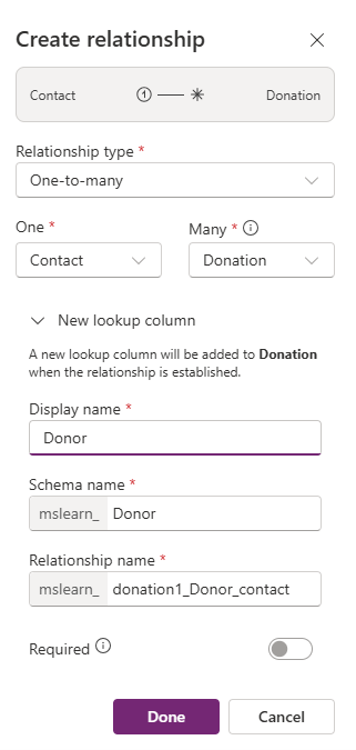 Captura de pantalla del cuadro de diálogo **Crear una relación**