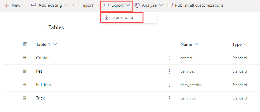 Captura de pantalla de la opción de exportación de datos en Power Apps
