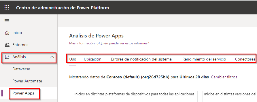Captura de pantalla del panel de Análisis de Power Apps, con las opciones Análisis y Power Apps resaltadas en el menú del lado izquierdo y las pestañas de informes del panel resaltadas
