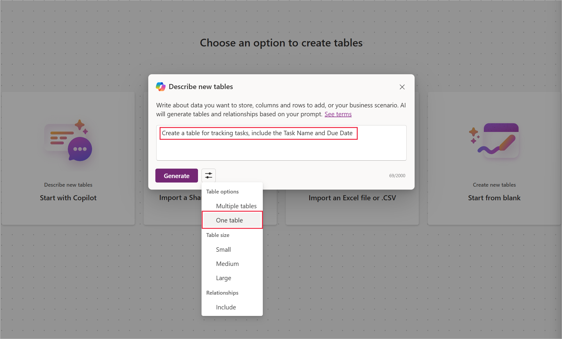 Screenshot of using Copilot to create a table.