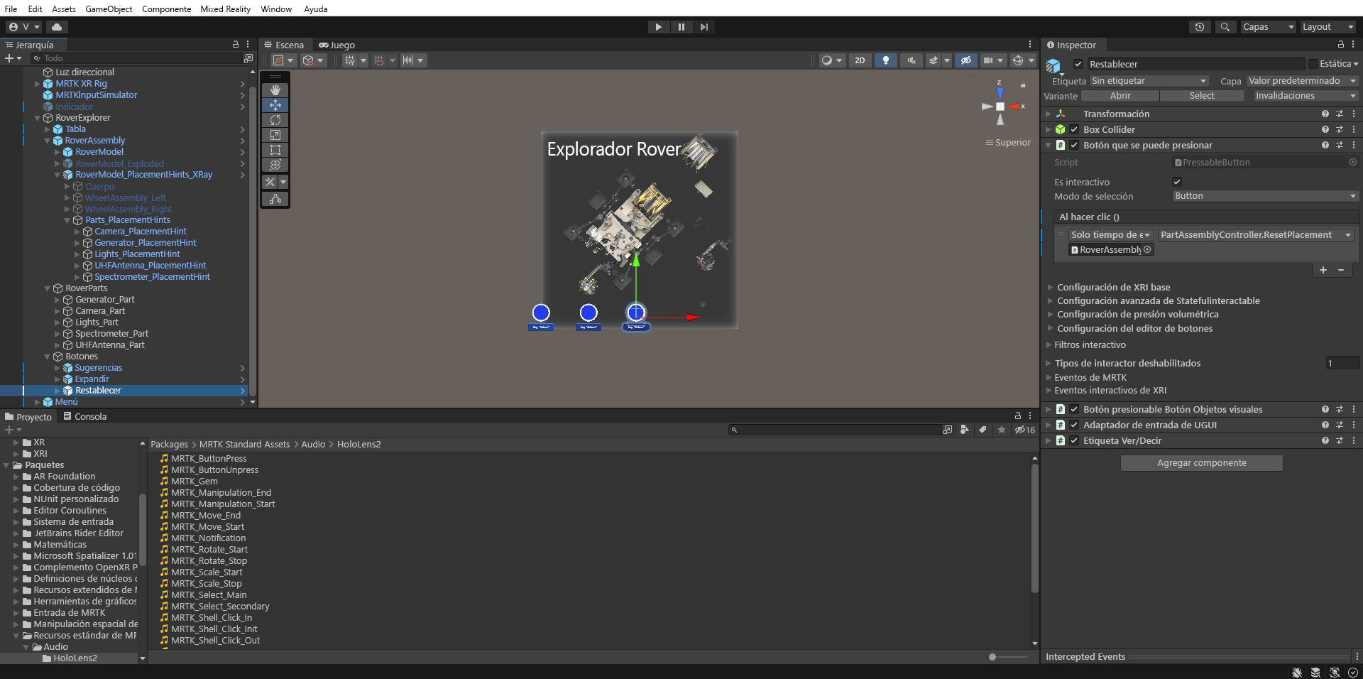 Captura de pantalla de Unity con el objeto de botón Restablecer OnClick configurado.