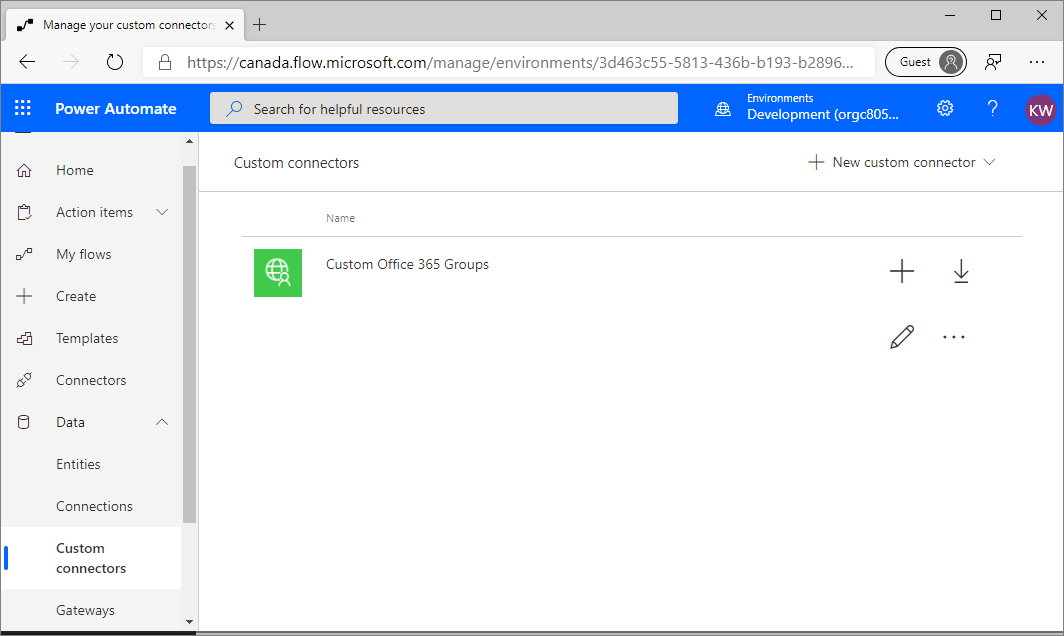 Captura de pantalla de la página Conectores personalizados de Power Automate con Grupos de Office 365 agregados.