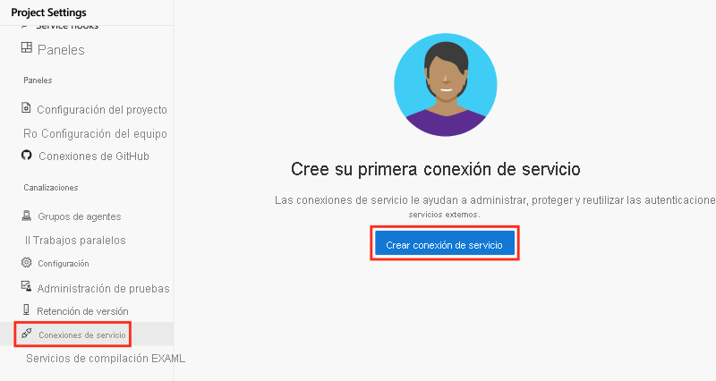 Captura de pantalla de Azure DevOps que muestra los pasos para crear una conexión de servicio.