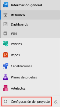 Captura de pantalla de Azure DevOps. El elemento de menú de la configuración del proyecto está resaltado.
