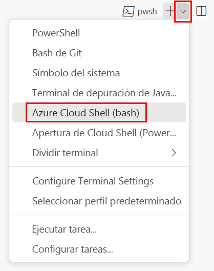 Captura de pantalla de la ventana del terminal de Visual Studio Code. Se muestra la lista desplegable del shell de terminal y Git Bash seleccionada.