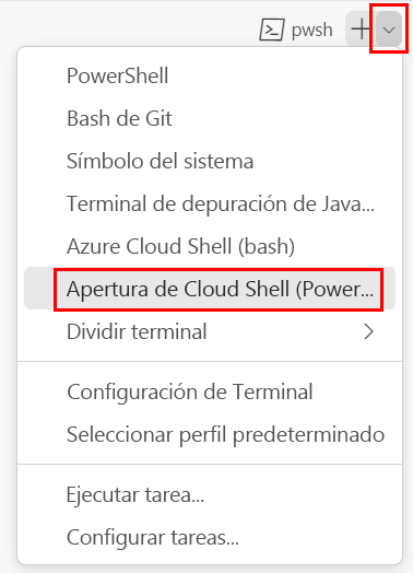 Captura de pantalla de la ventana del terminal de Visual Studio Code. PowerShell está seleccionado en la lista desplegable del shell de terminal.