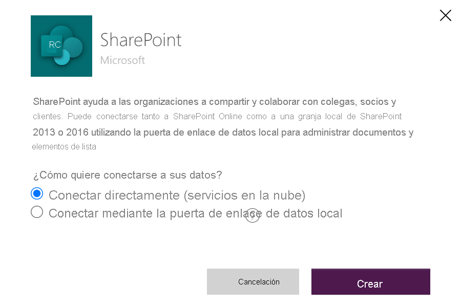 Captura de pantalla de la selección de Crear.