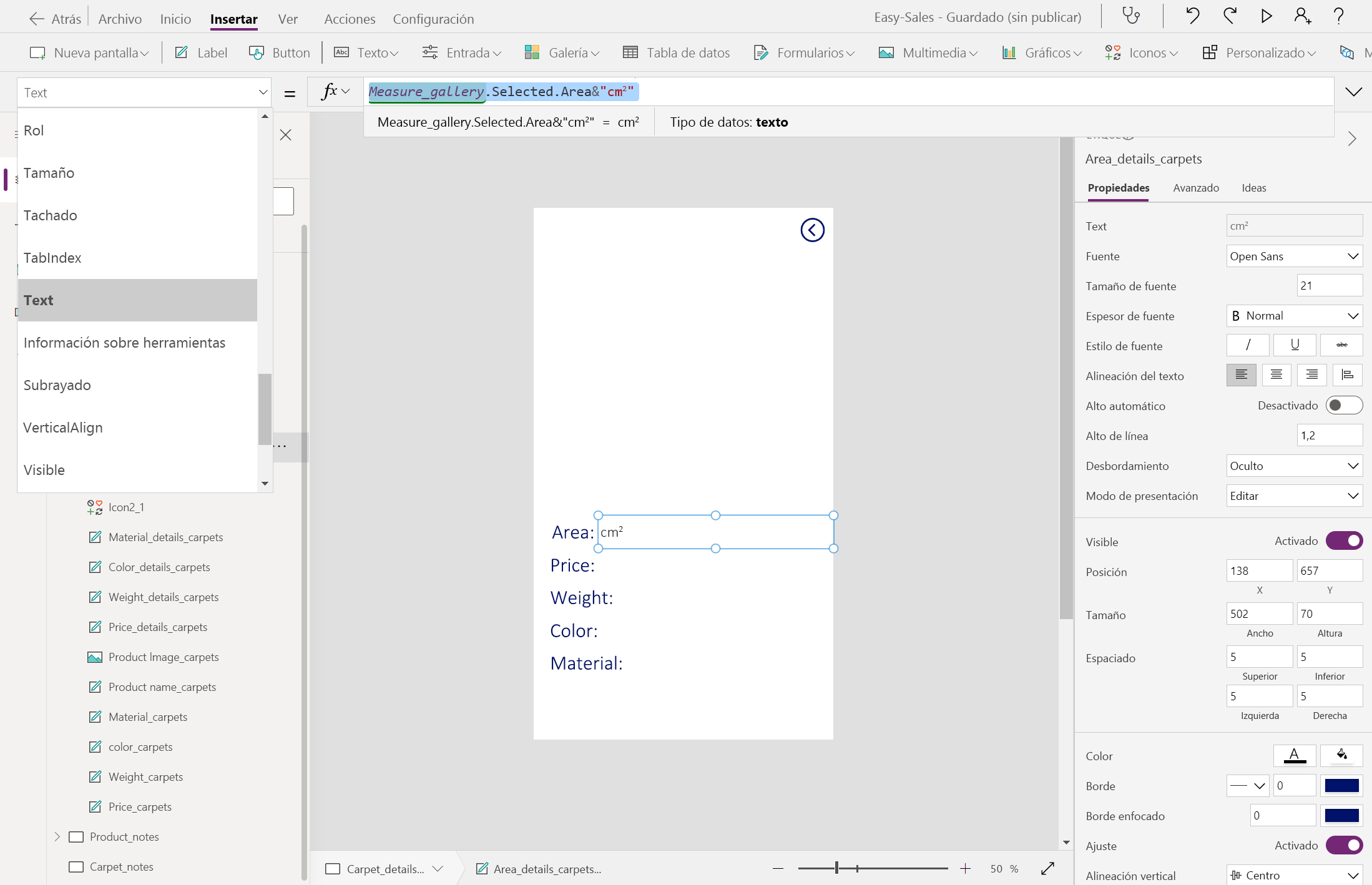 Captura de pantalla del cálculo del área.