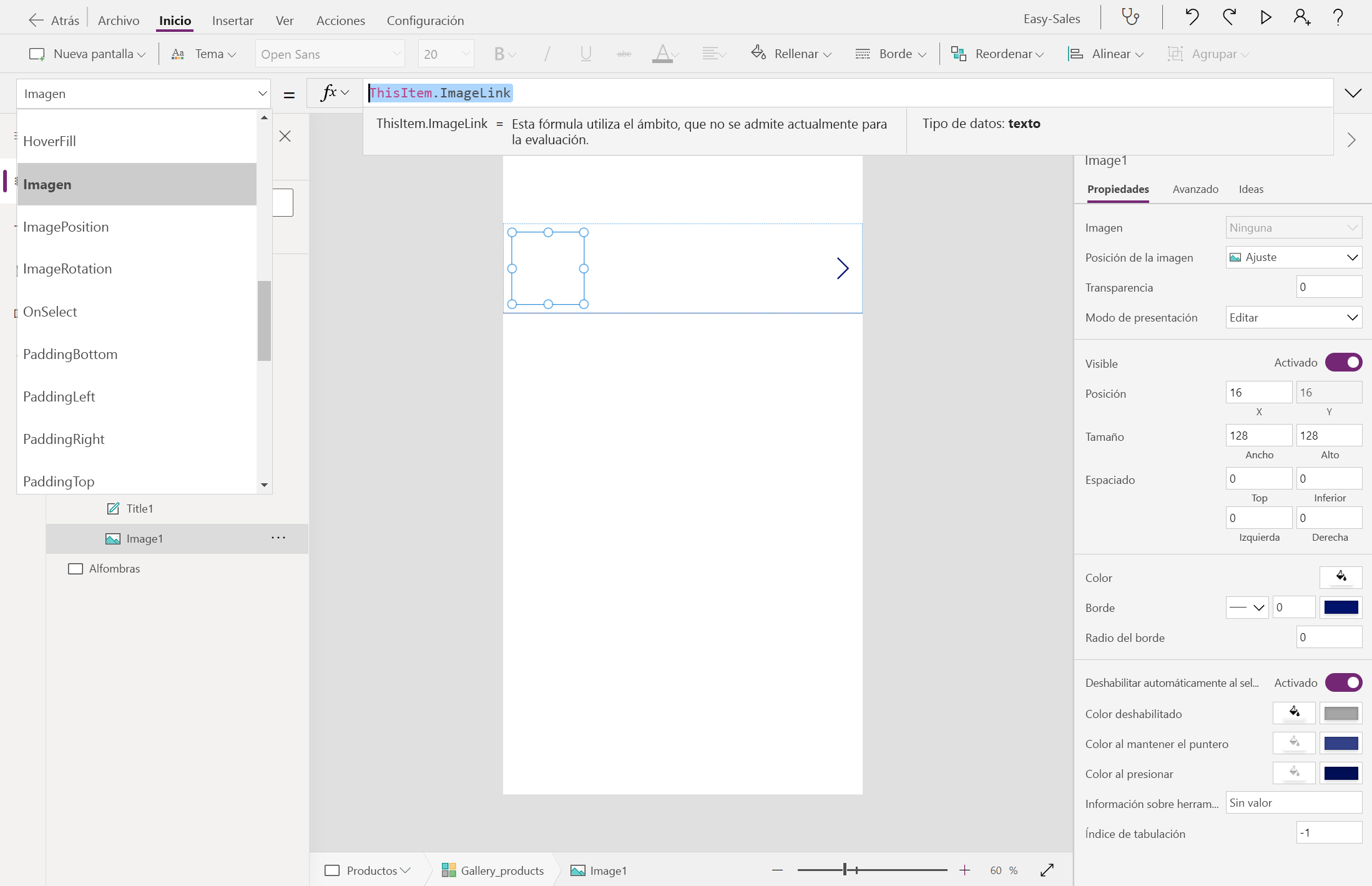 Captura de pantalla de la configuración de la propiedad de imagen en la página del producto