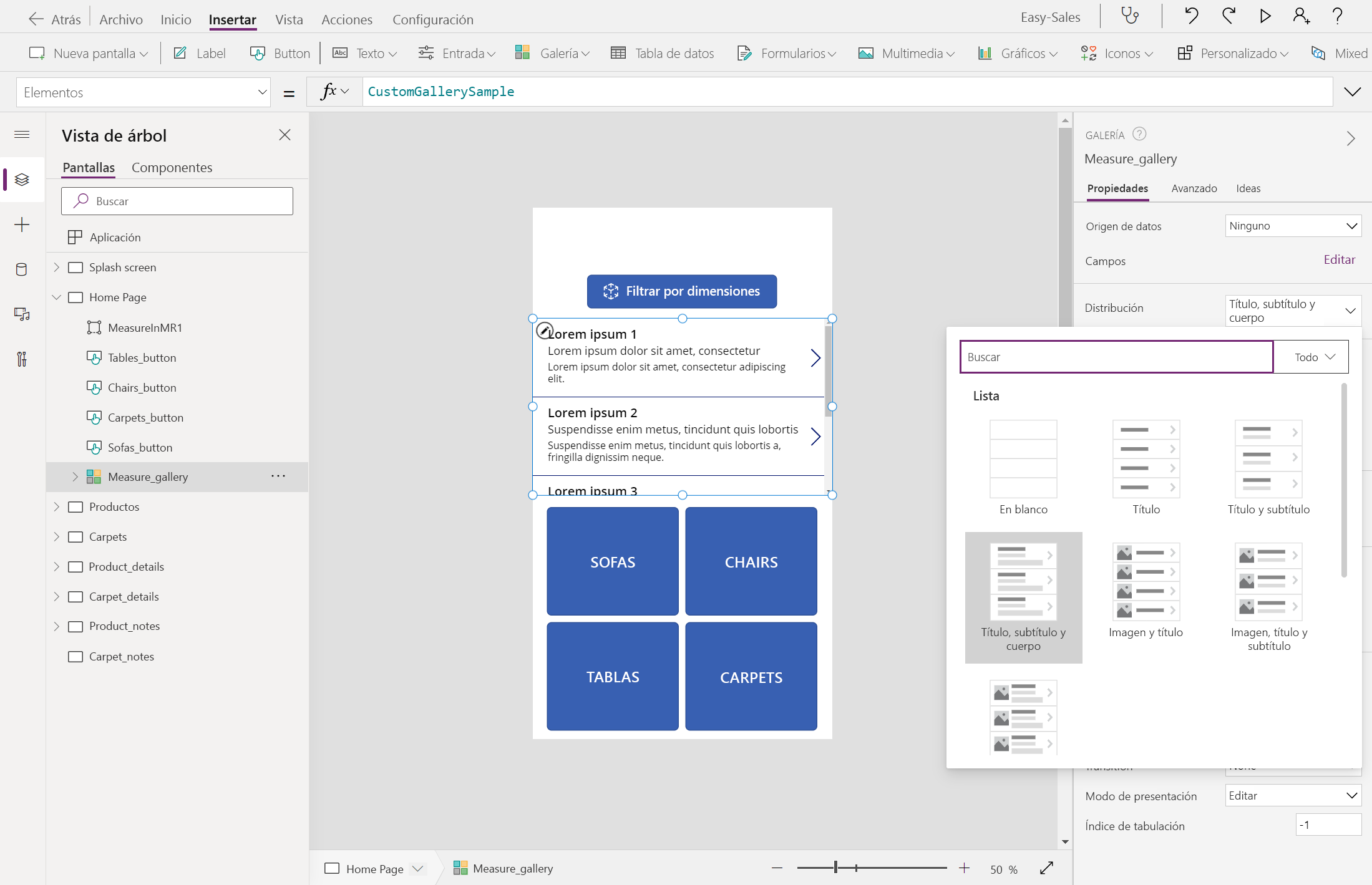 Captura de pantalla para configurar el diseño