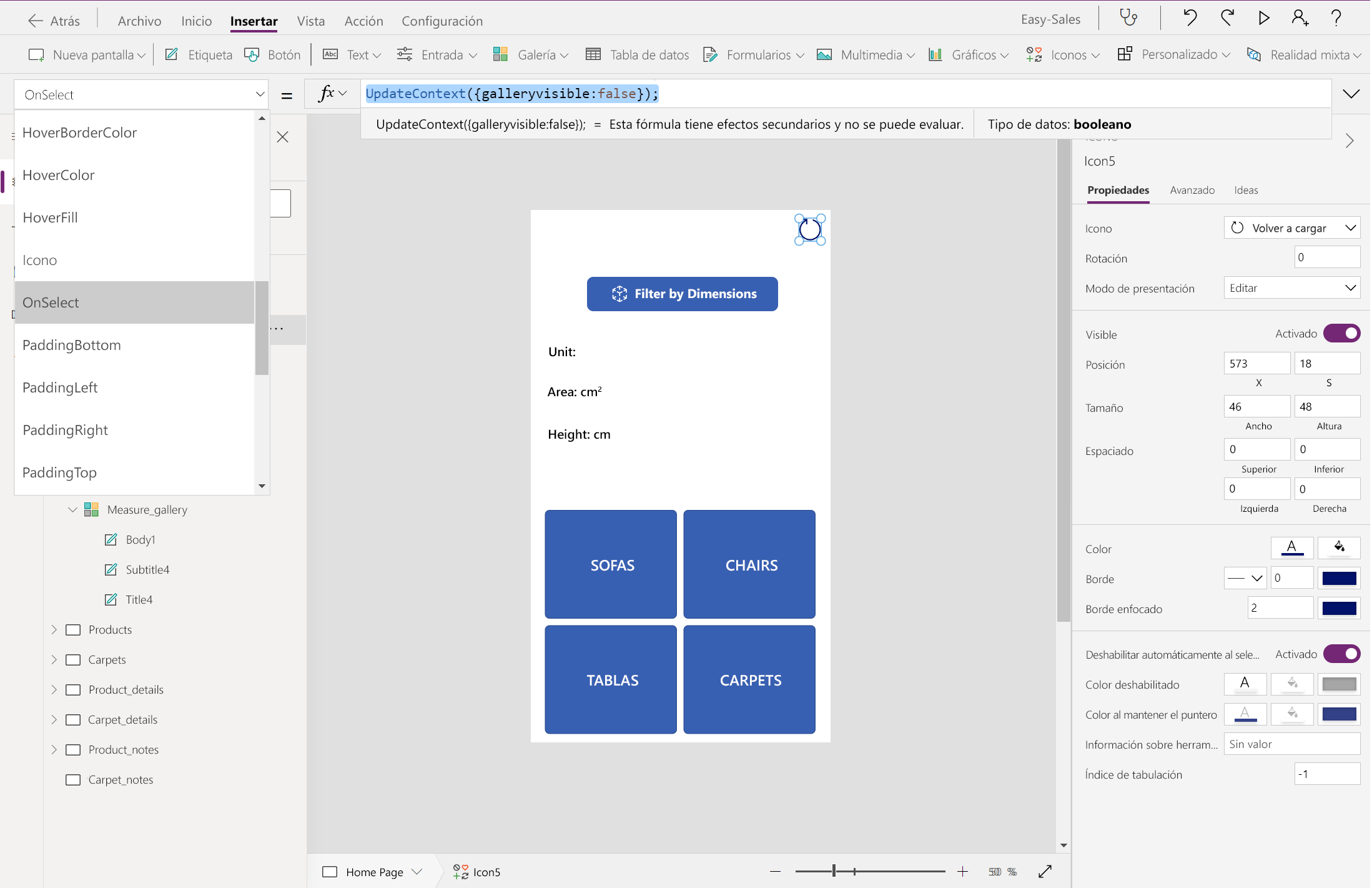 Captura de pantalla de la configuración de OnSelect para volver a cargar el icono.