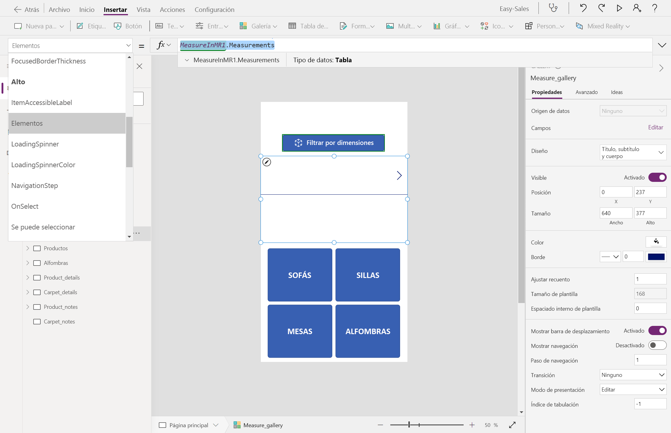 Captura de pantalla del origen de datos de la galería.