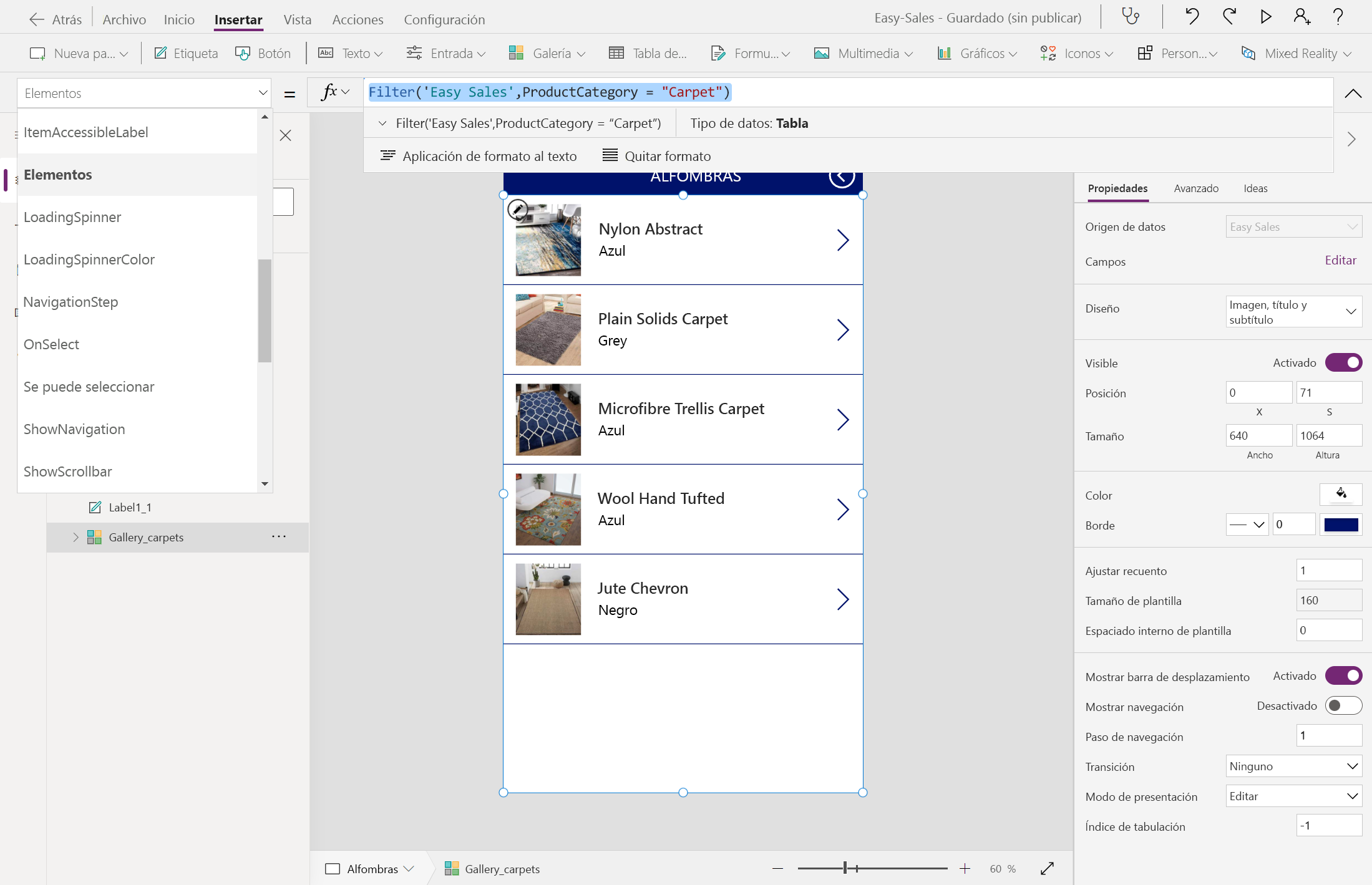 Captura de pantalla de seguir el mismo procedimiento para la página de alfombras