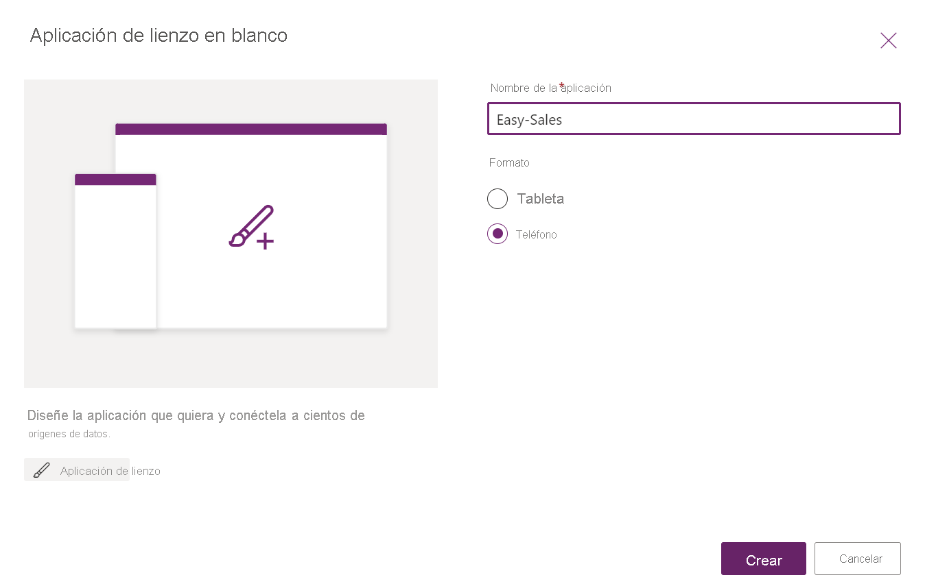 Captura de pantalla de la especificación del nombre de la aplicación y la selección de crear.