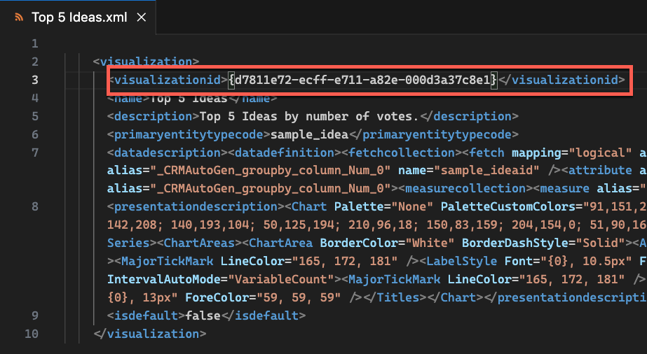 Captura de pantalla de un editor de texto con contenido XML de gráfico exportado y el elemento de id. de visualización resaltado