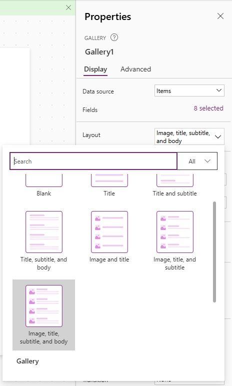 Captura de pantalla de la vista de propiedades de la galería en la aplicación