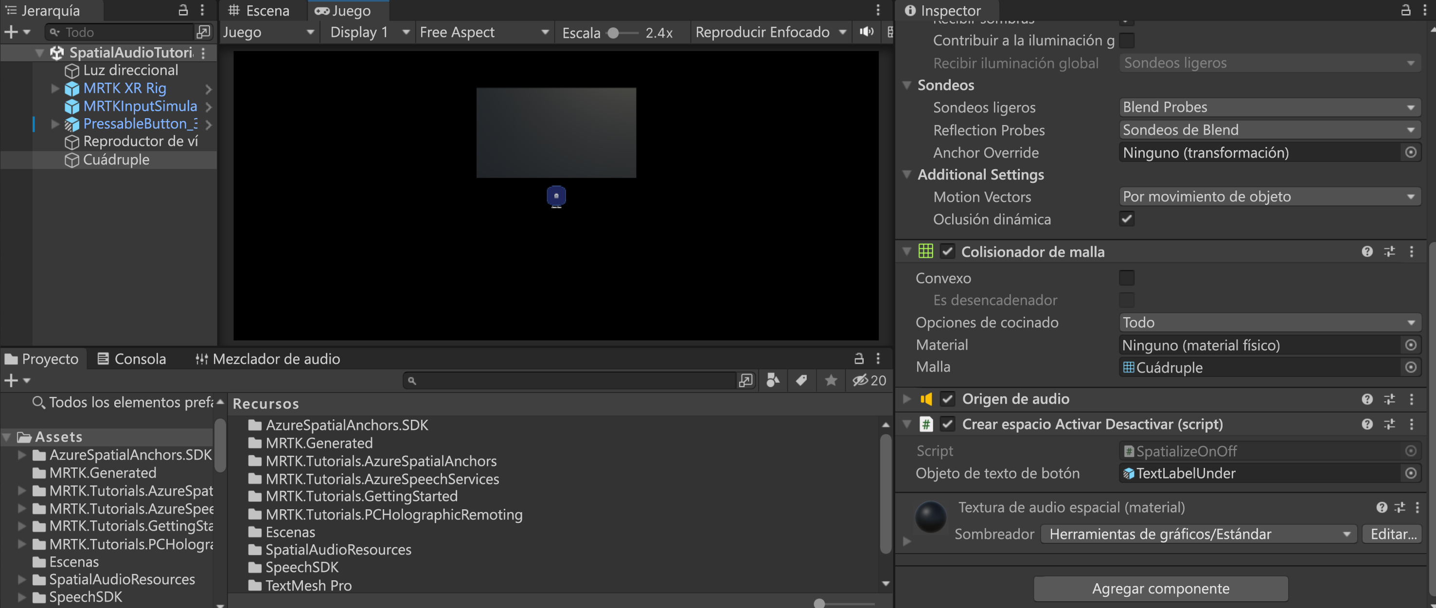 Captura de pantalla de la búsqueda del objeto Quad en la jerarquía, con el componente SpatialierOnOff.
