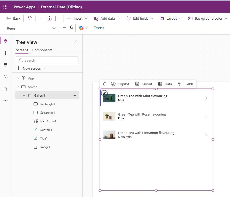 Captura de pantalla donde se ve cómo agregar un origen de datos de OneDrive a elementos de galería