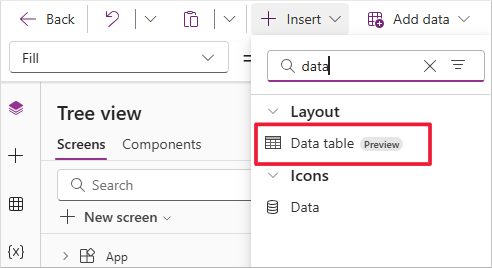 Primer plano del botón + Insertar con 'datos' introducidos en el campo de búsqueda y la tabla de datos resaltada
