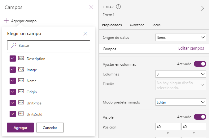 Captura de pantalla de Agregar campos en Studio