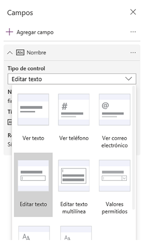 Captura de pantalla del cambio de tipo de control en el menú desplegable.
