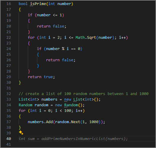 Captura de pantalla que muestra GitHub Copilot que sugiere una llamada al método.