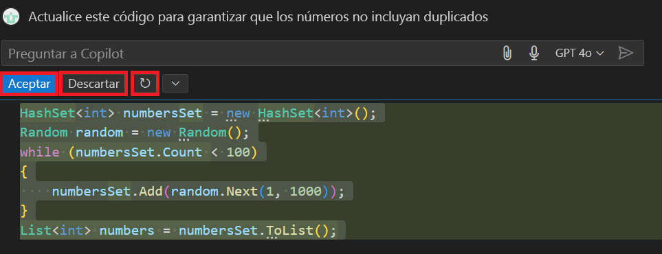 Captura de pantalla que muestra la actualización sugerida del chat insertado en Visual Studio Code.