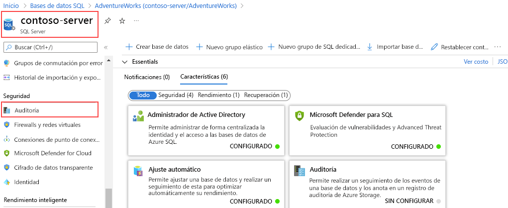 Captura de pantalla de la opción auditoría en la sección Seguridad de un servidor SQL Server.