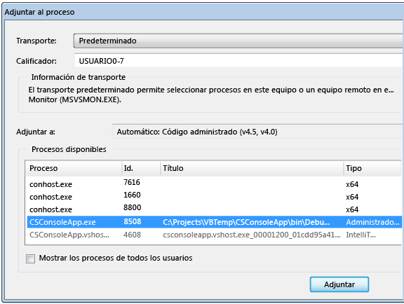 Cuadro de diálogo Adjuntar a proceso