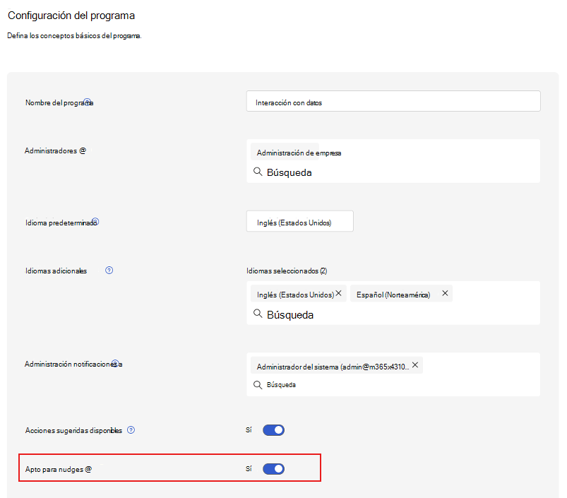 Captura de pantalla del botón de alternancia de elegibilidad de Nudge en la configuración del programa de una encuesta.
