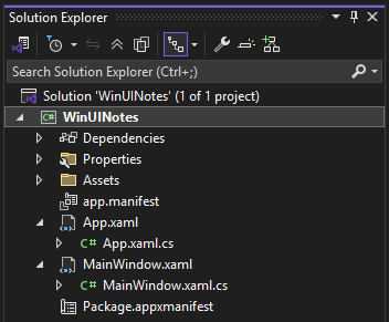 Explorador de soluciones que muestra los archivos de un proyecto de WinUI 3 en Visual Studio.