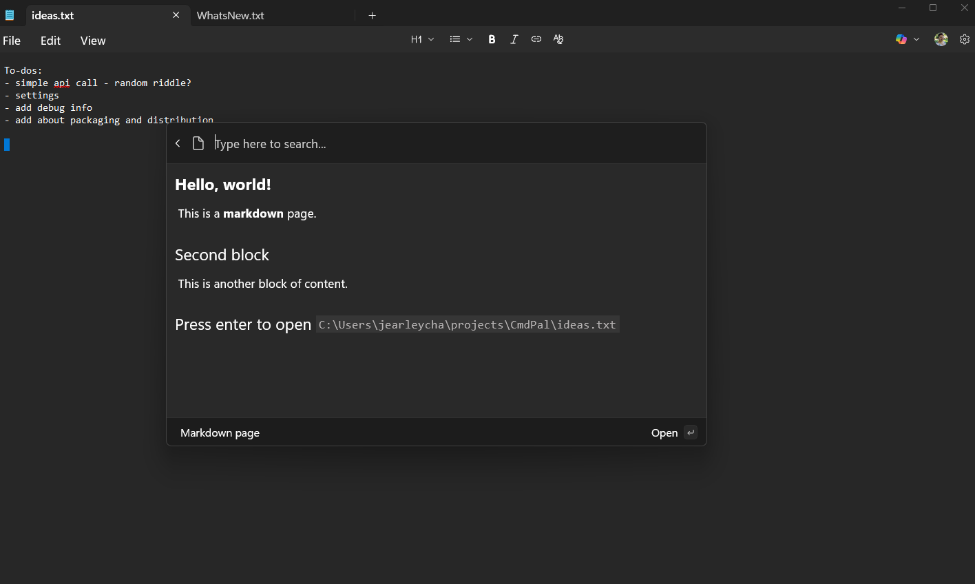 Captura de pantalla de la extensión paleta de comandos que muestra commandContextItem con la opción Abrir en el Explorador de archivos.