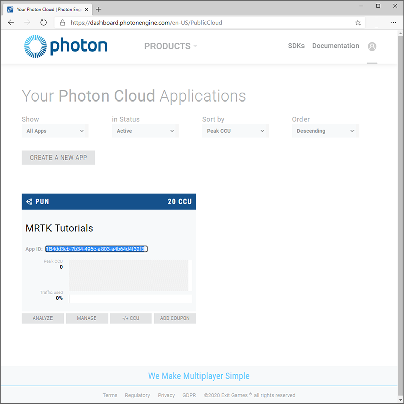 Página de aplicación photon con el id. de aplicación seleccionado