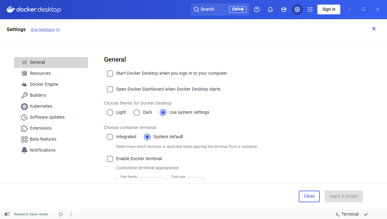 Configuración general de Docker Desktop