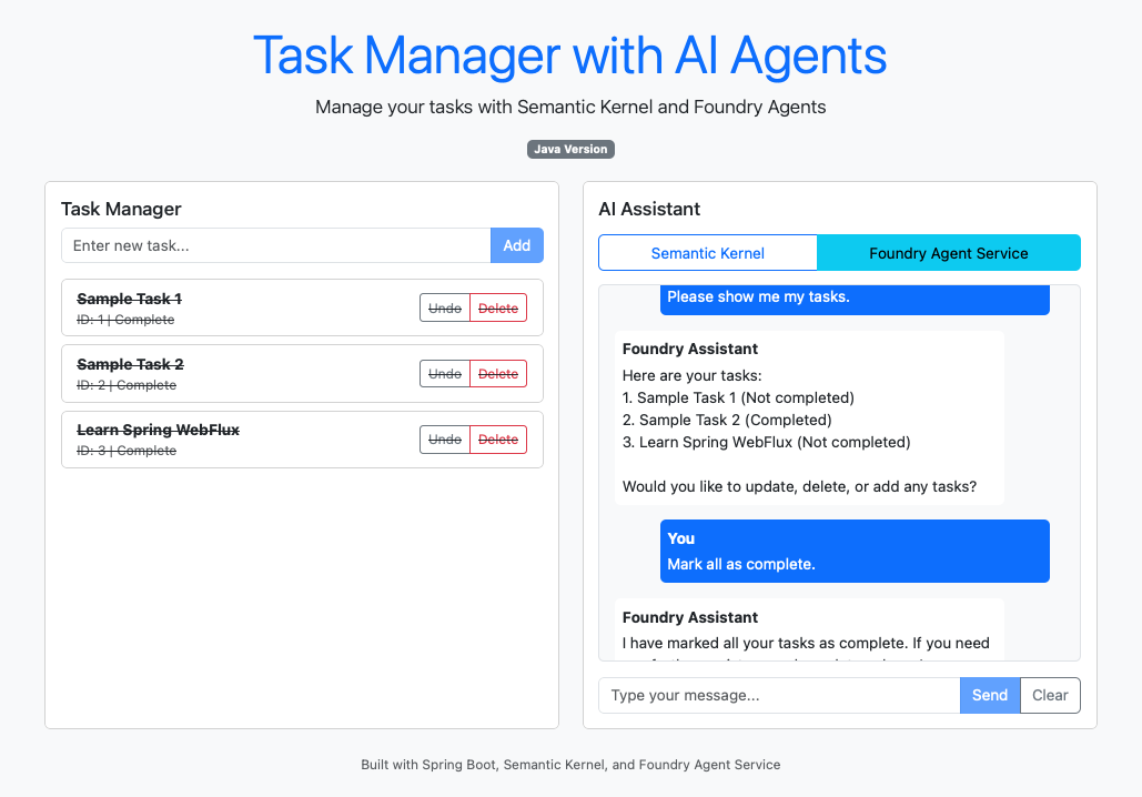 Capture d’écran d’une session de complétion de chat avec un agent Microsoft Foundry.