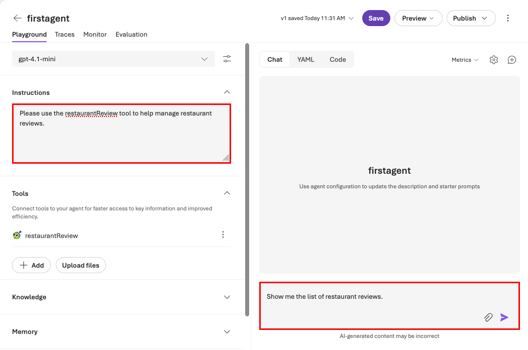 Capture d’écran montrant le terrain de jeu des agents au milieu d’une conversation qui effectue des actions à l’aide de l’outil OpenAPI. L’invite indique d’afficher la liste des avis des restaurants.
