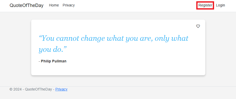 Capture d’écran de l’application Quote of the day montrant l’option Register.