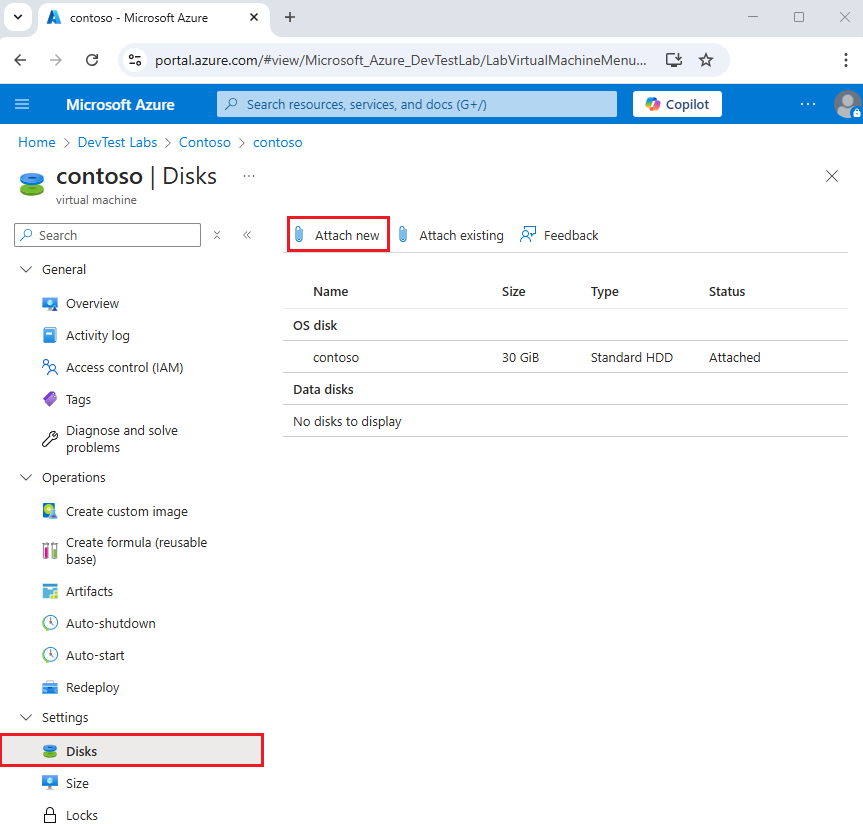 Capture d’écran de la fonction Attacher un nouveau disque d’un nouveau dans la page Disque de la machine virtuelle.