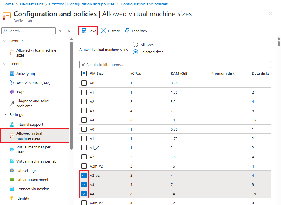 Capture d’écran montrant les tailles de machines virtuelles autorisées.