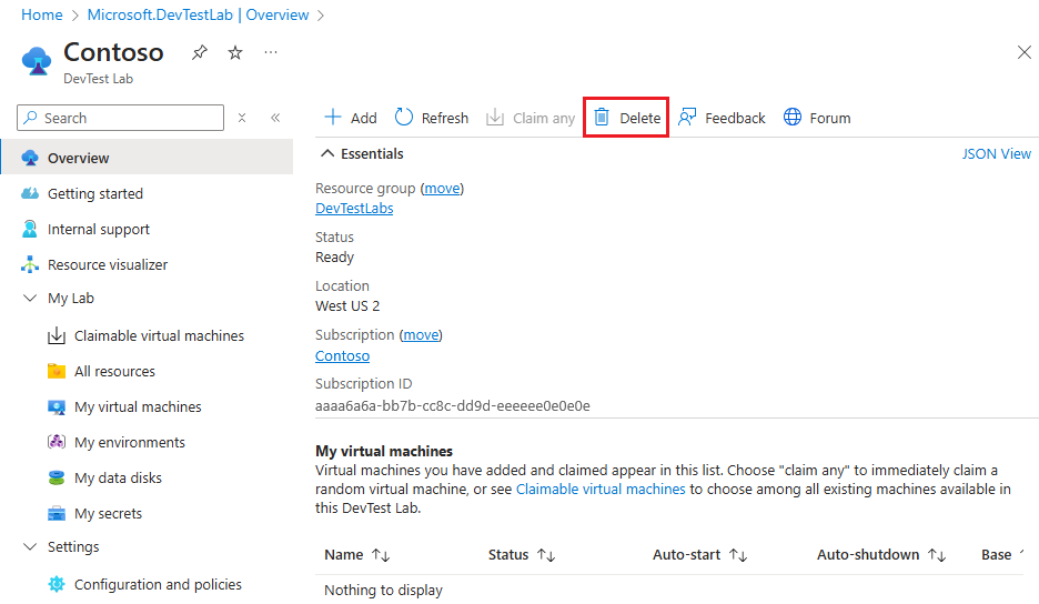 Capture d’écran du bouton Supprimer du labo.