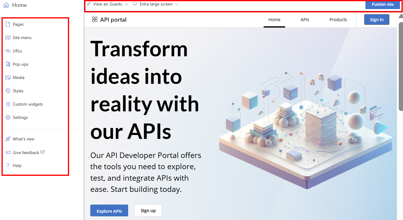Capture d’écran de l’éditeur visuel dans le portail des développeurs.