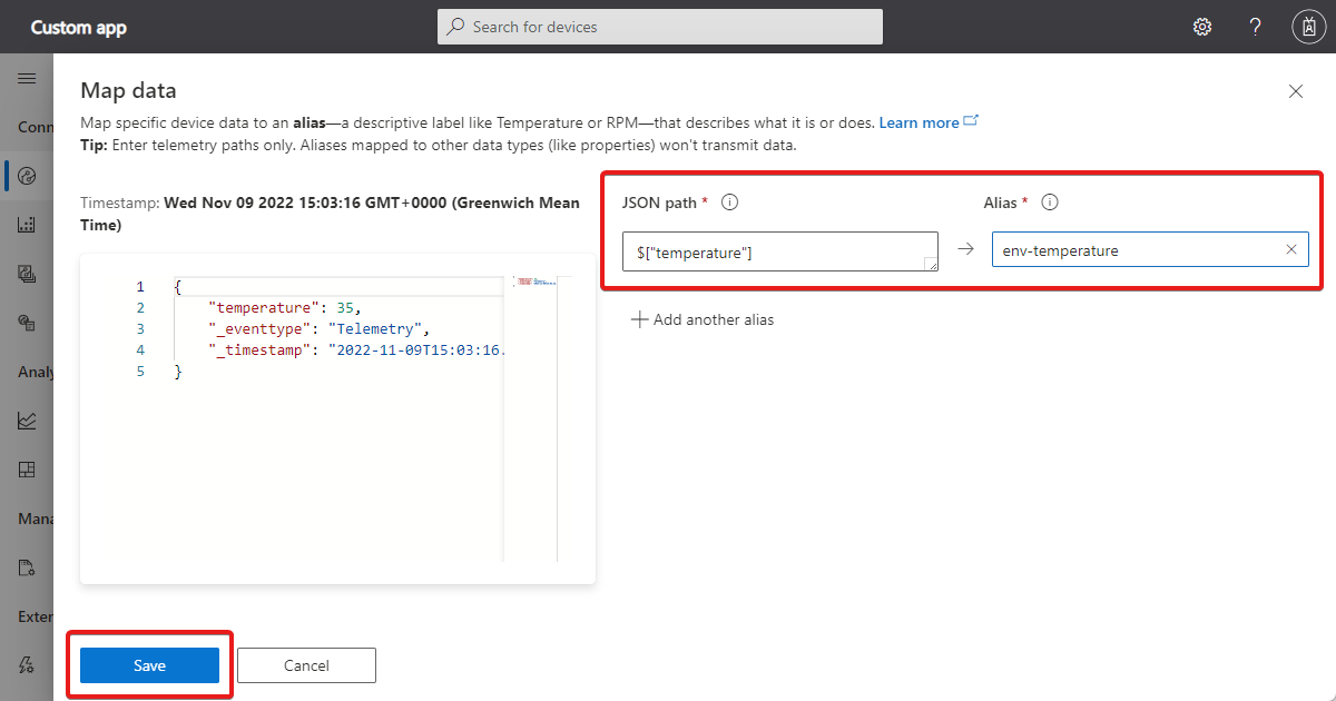 Capture d'écran de la vue **Données cartographiques** montrant le chemin JSON et l'alias.