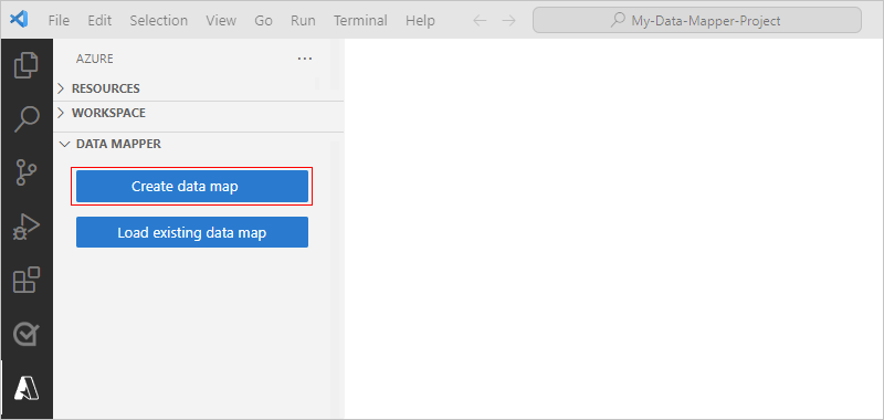 Capture d’écran montrant Visual Studio Code avec la fenêtre Azure et le bouton sélectionné pour Créer un mappage de données.