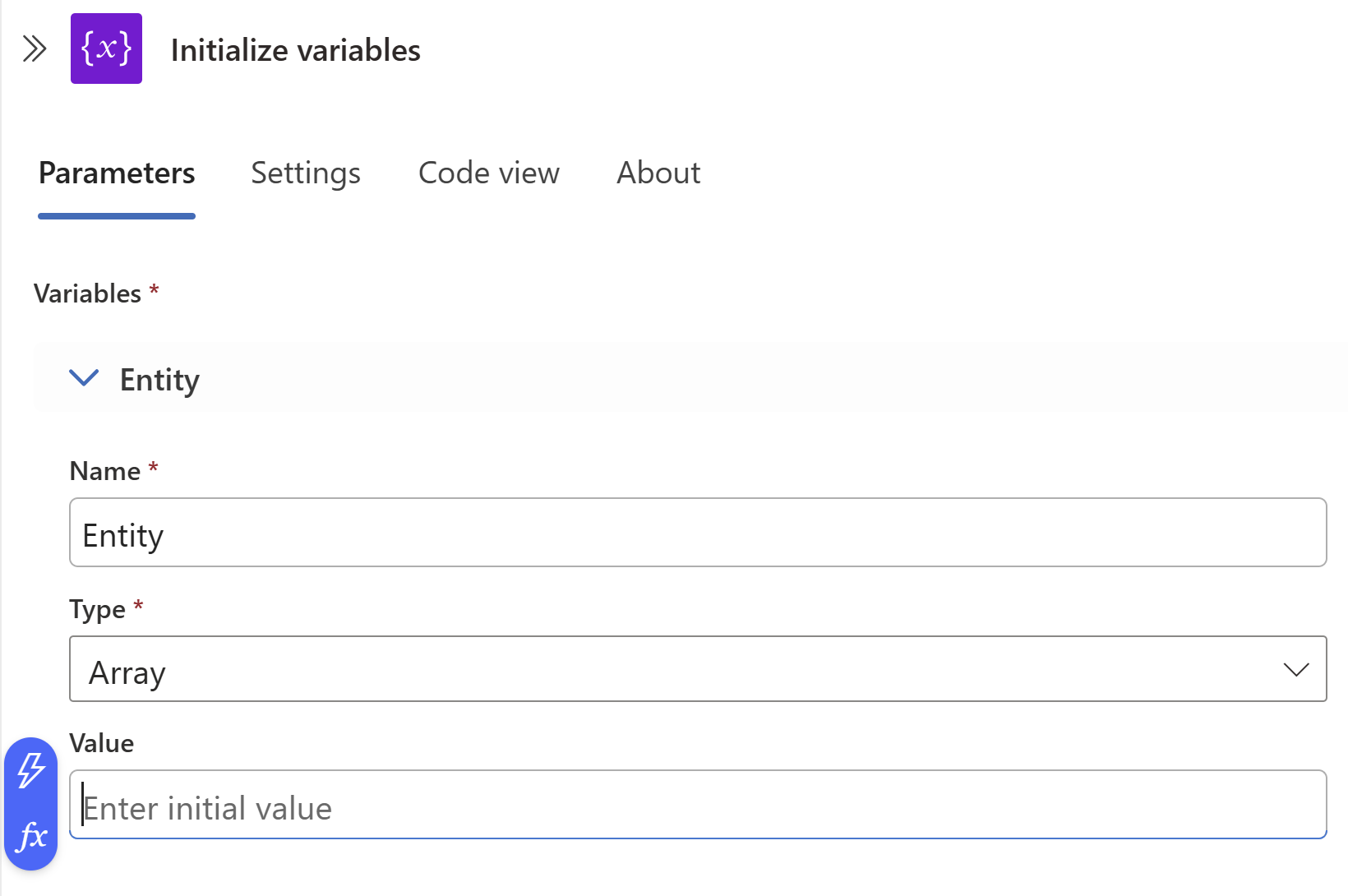 Capture d’écran de l’initialisation d’une variable dans le concepteur d’application logique.
