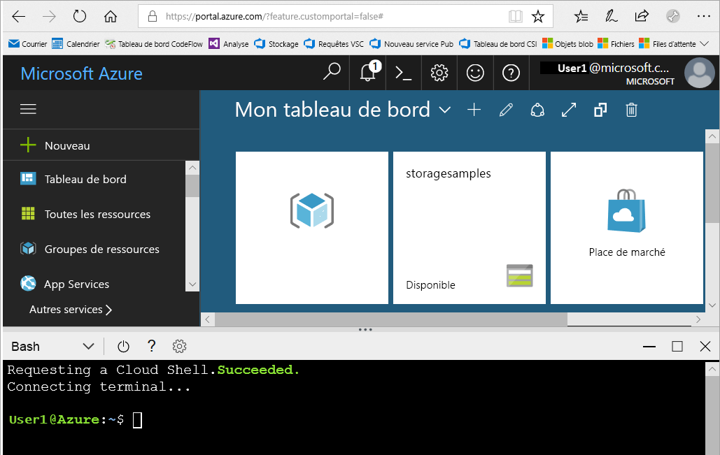 Capture d’écran représentant la fenêtre Cloud&nbsp;Shell du portail