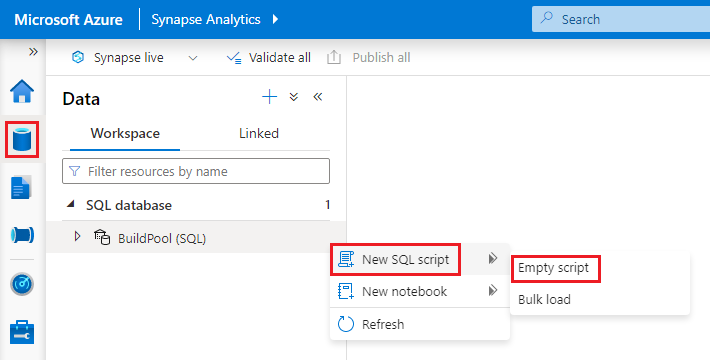 Capture d’écran présentant la création d’un script SQL vide à partir de Synapse&nbsp;Studio.