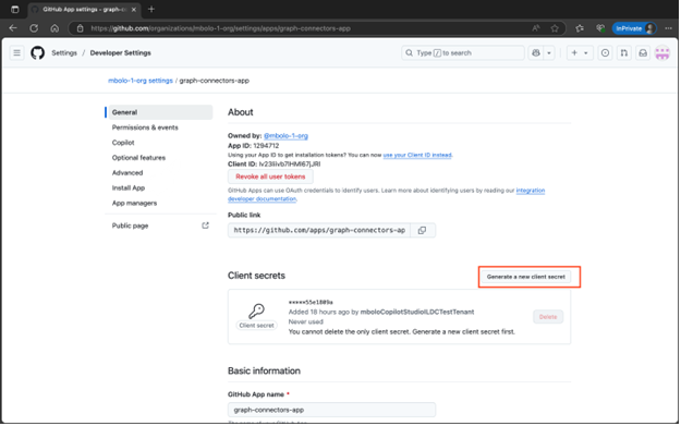 Capture d’écran de GitHub avec Générer une nouvelle clé secrète client mise en évidence