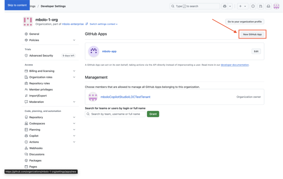 Capture d’écran de GitHub avec New application GitHub mis en évidence